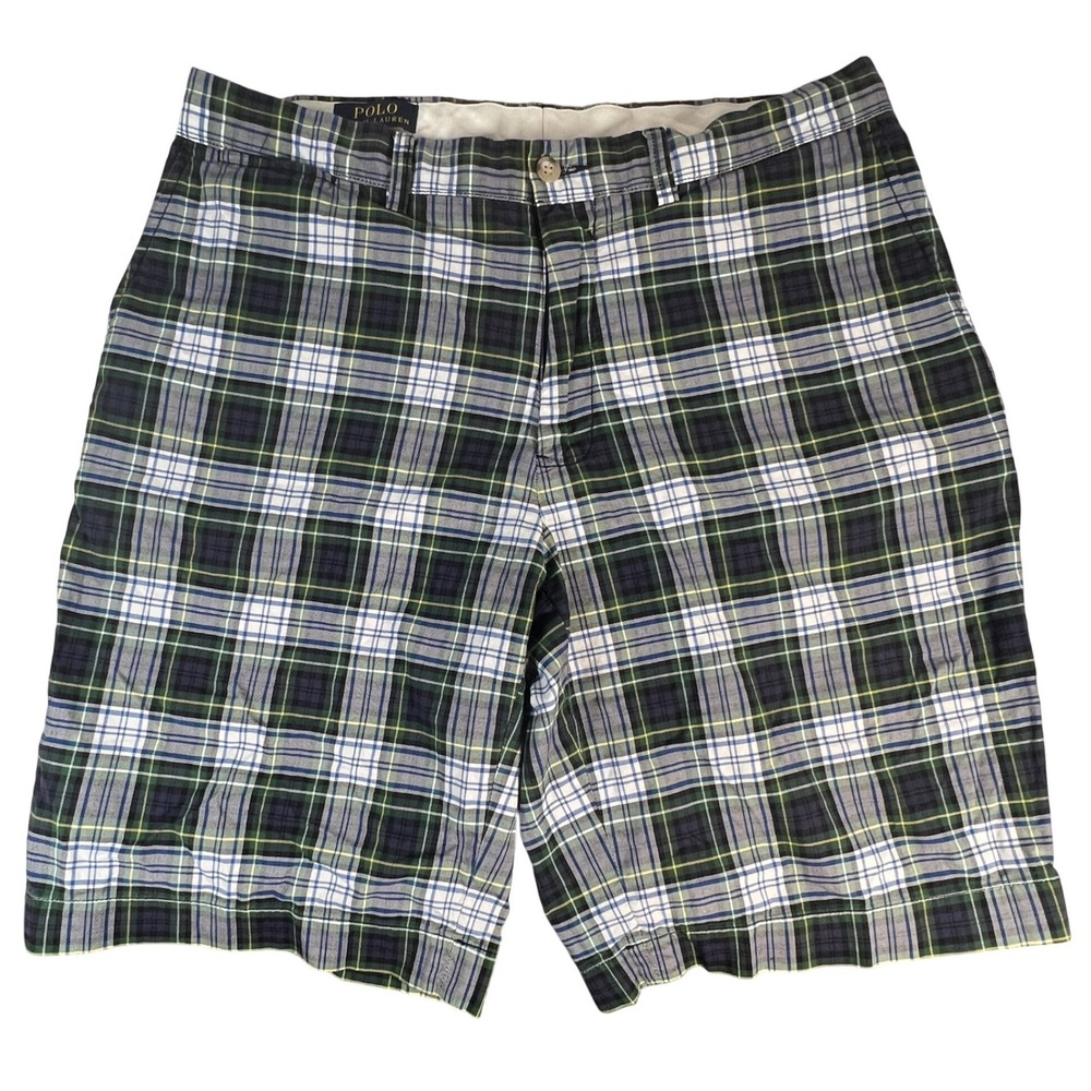 Polo Ralph Lauren Shorts Mens 34 Green Plaid Tartan Cotton Chino Casual